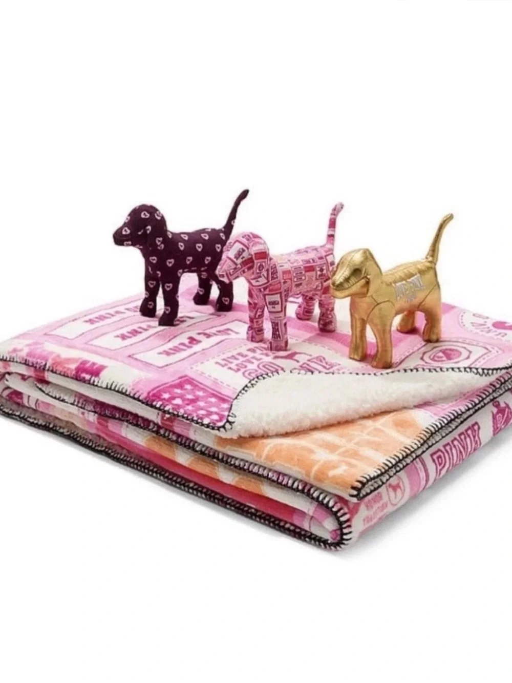 PINK Victoria's Secret Pink & Gold Logo Sherpa Throw & PINK Dog 🐕